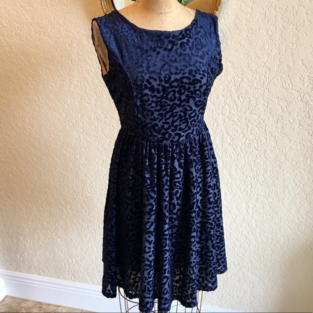ZARA TRAFALUC Navy Velvety Cheetah Dress - Sz S - Picture 2 of 5